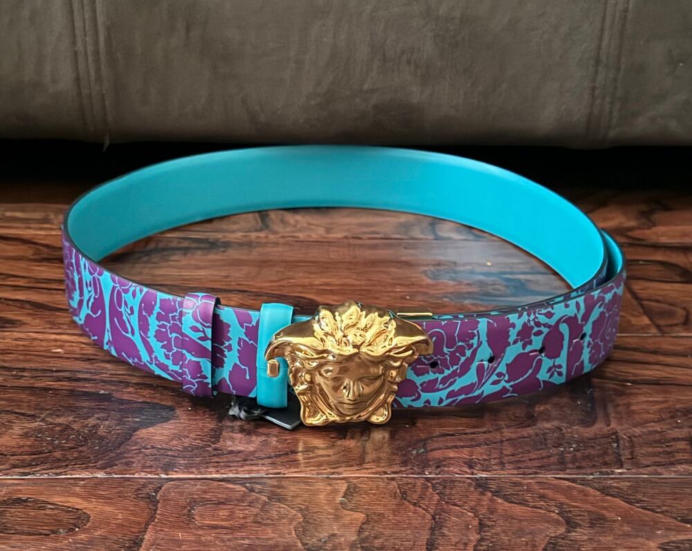 $995 NWT Versace Floral Barocco Blue Reversible Leather Medusa Belt 95/38